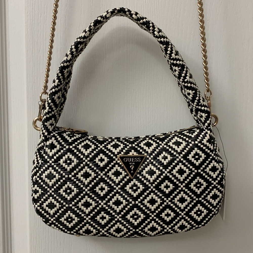 Guess Black and White Plastic Woven Straw Crossbody / Handbag